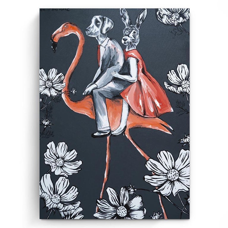 Original Animal Painting - Pop - Gillie and Marc - Dog Rabbit Flamingo - Flower For Sale 1