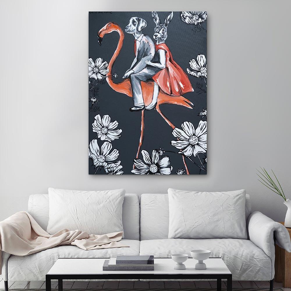 Original Animal Painting - Pop - Gillie and Marc - Dog Rabbit Flamingo - Flower - Gray Figurative Painting by Gillie and Marc Schattner