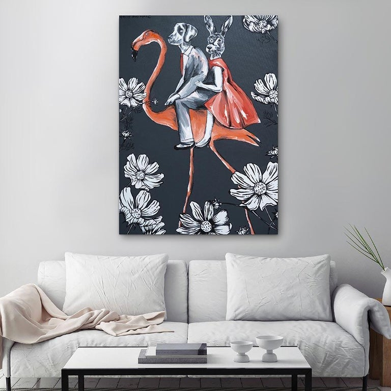 Original Animal Painting - Pop - Gillie and Marc - Dog Rabbit Flamingo - Flower For Sale 2