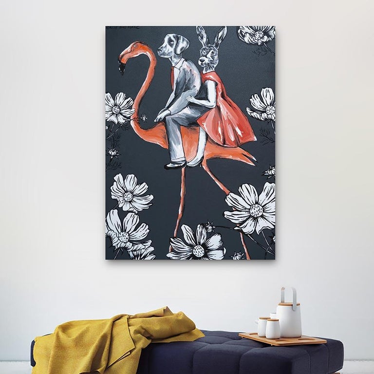 Gillie and Marc Schattner Figurative Painting - Original Animal Painting - Pop - Gillie and Marc - Dog Rabbit Flamingo - Flower