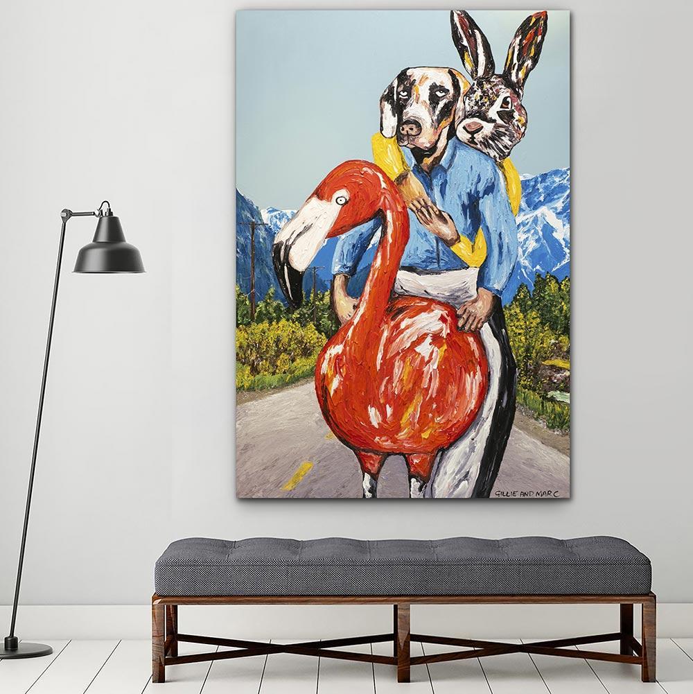 Original Animal Painting - Pop - Gillie and Marc - Dog Rabbit Flamingo Travel