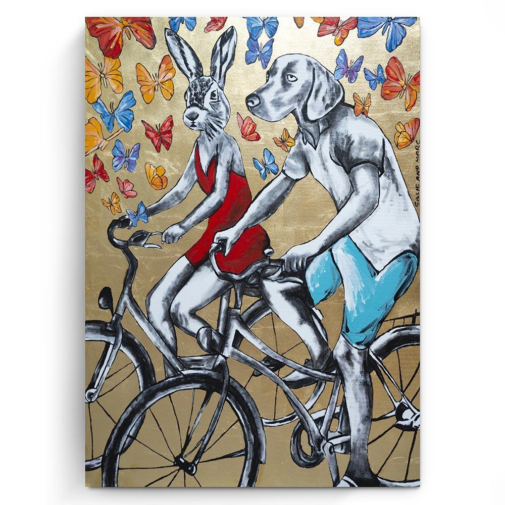 Gillie and Marc Schattner Figurative Painting - Original Animal Painting - Pop Art - Gillie and Marc - Dog Rabbit Bicycle