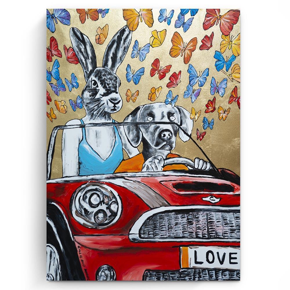 Gillie and Marc Schattner Figurative Painting - Original Animal Painting - Pop - Gillie and Marc - Dog - Rabbit Gold - Butterfly