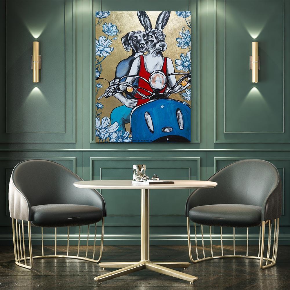 Original Animal Painting - Pop Art - Gillie and Marc - Dog - Rabbit - Gold  - Gray Figurative Painting by Gillie and Marc Schattner