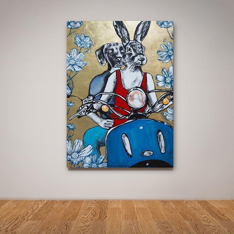 Original Animal Painting - Pop Art - Gillie and Marc - Dog - Rabbit - Gold  For Sale 1