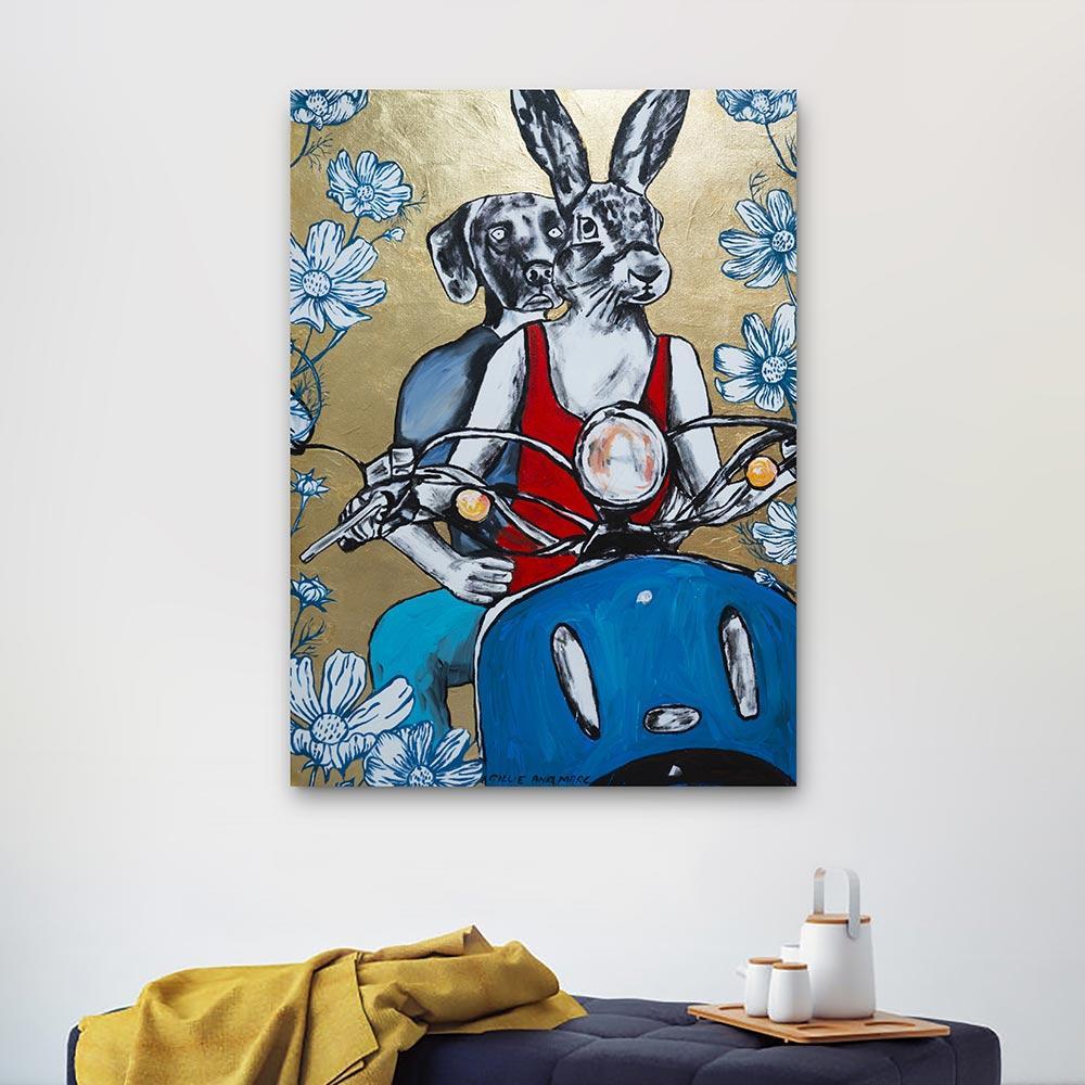 Original Animal Painting - Pop Art - Gillie and Marc - Dog - Rabbit - Gold  1