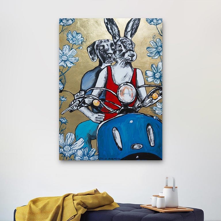Original Animal Painting - Pop Art - Gillie and Marc - Dog - Rabbit - Gold  For Sale 2