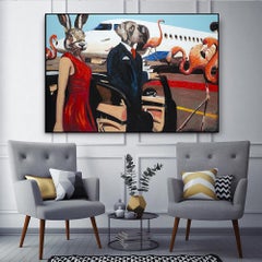 Original Animal Painting - Pop Art - Gillie and Marc - Dog Rabbit - Plane Love 