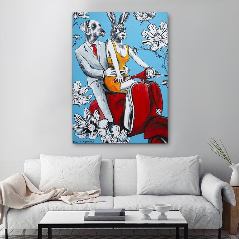 Original Animal Painting - Pop - Gillie and Marc - Dog - Rabbit - Vespa - Flower - Gray Figurative Painting by Gillie and Marc Schattner