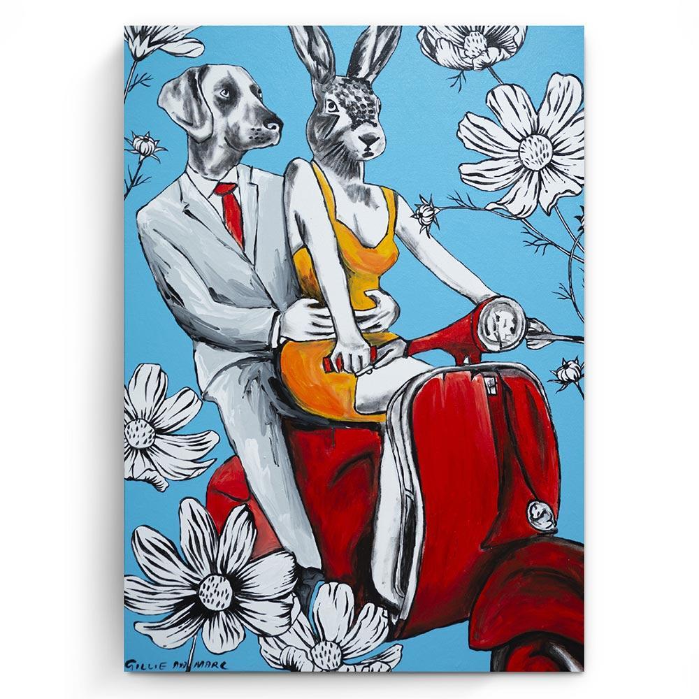 Original Animal Painting - Pop - Gillie and Marc - Dog - Rabbit - Vespa - Flower - Gray Figurative Painting by Gillie and Marc Schattner