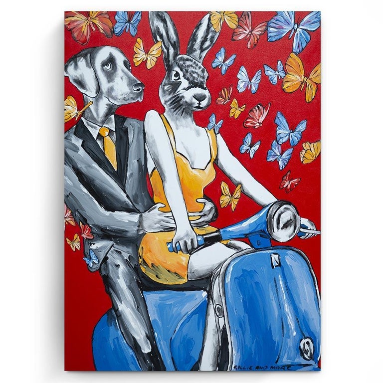 Original Animal Painting - Pop - Gillie and Marc - Dog - Rabbit - Vespa - Red For Sale 3