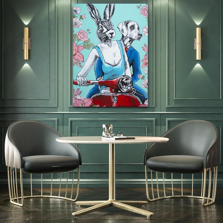 Original Animal Painting - Pop Art - Gillie and Marc - Dog Rabbit Vespa - Roses - Blue Figurative Painting by Gillie and Marc Schattner