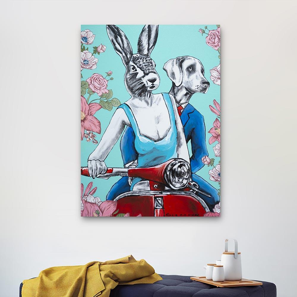 Peinture d'origine - Pop Art - Gillie et Marc - Dog - Rabbit - Vespa - Roses - Bleu Figurative Painting par Gillie and Marc Schattner