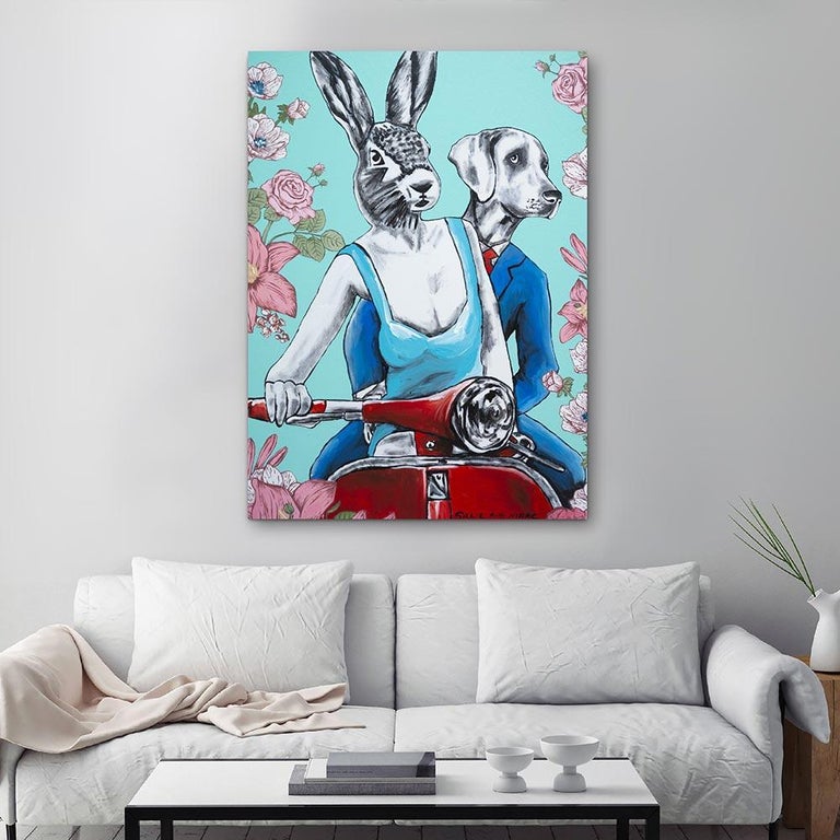 Original Animal Painting - Pop Art - Gillie and Marc - Dog Rabbit Vespa - Roses For Sale 2