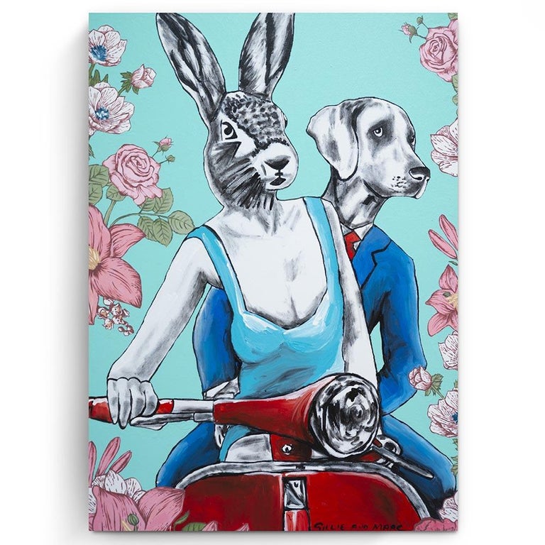 Gillie and Marc Schattner Figurative Painting - Original Animal Painting - Pop Art - Gillie and Marc - Dog Rabbit Vespa - Roses