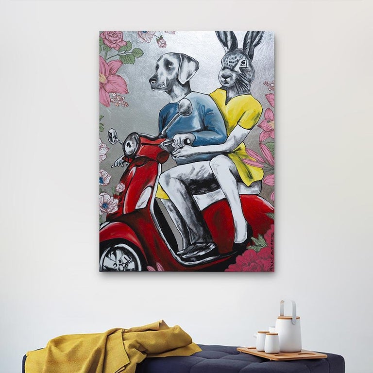 Original Animal Painting - Pop - Gillie and Marc - Dog - Rabbit - Vespa - Silver For Sale 2