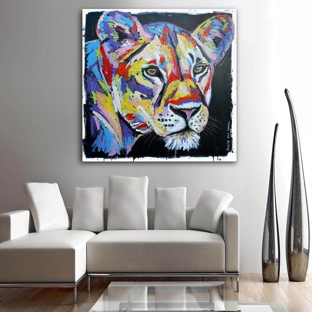 Title: The lioness always knew what she wanted
Contemporary Expressive Animal Painting Series - Original Painting - Enamel and Oil Pastel on Canvas

World Famous Contemporary Artists: Husband and wife team, Gillie and Marc, are New York and