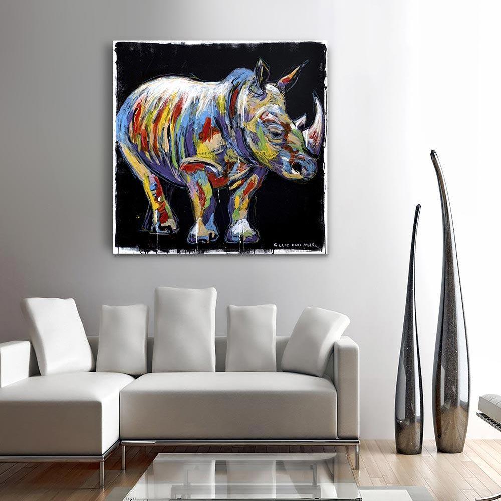 Title: The rhino lived a colourful life
Contemporary Expressive Animal Painting Series - Original Painting - Enamel and Oil Pastel on Canvas

World Famous Contemporary Artists: Husband and wife team, Gillie and Marc, are New York and Sydney-based