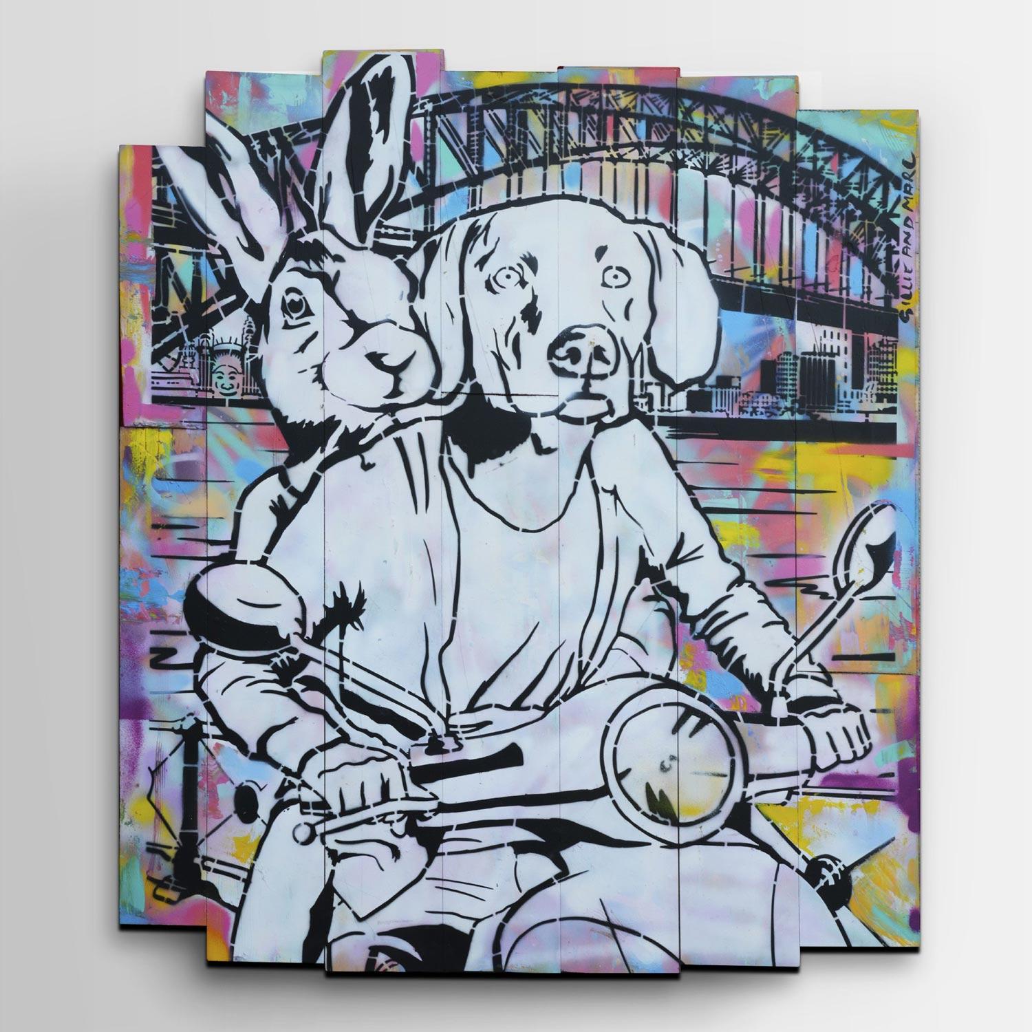 Animal Painting - Gillie and Marc - Original Art - Sydney - Vespa Ride - Print by Gillie and Marc Schattner