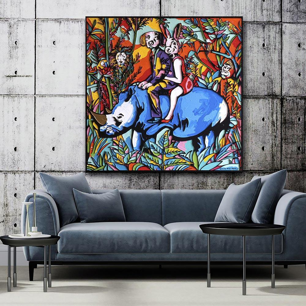 Animal Painting - Gillie and Marc - Original - Woodcut - Gold - Rhino - Jungle - Contemporary Print by Gillie and Marc Schattner