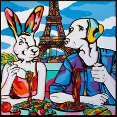 Animal Painting - Gillie and Marc - Original - Woodcut - Pasta in Paris Together
