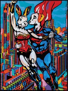 Painting - Gillie and Marc - Original Art - Woodcut - Super hero - Rabbit - Dog