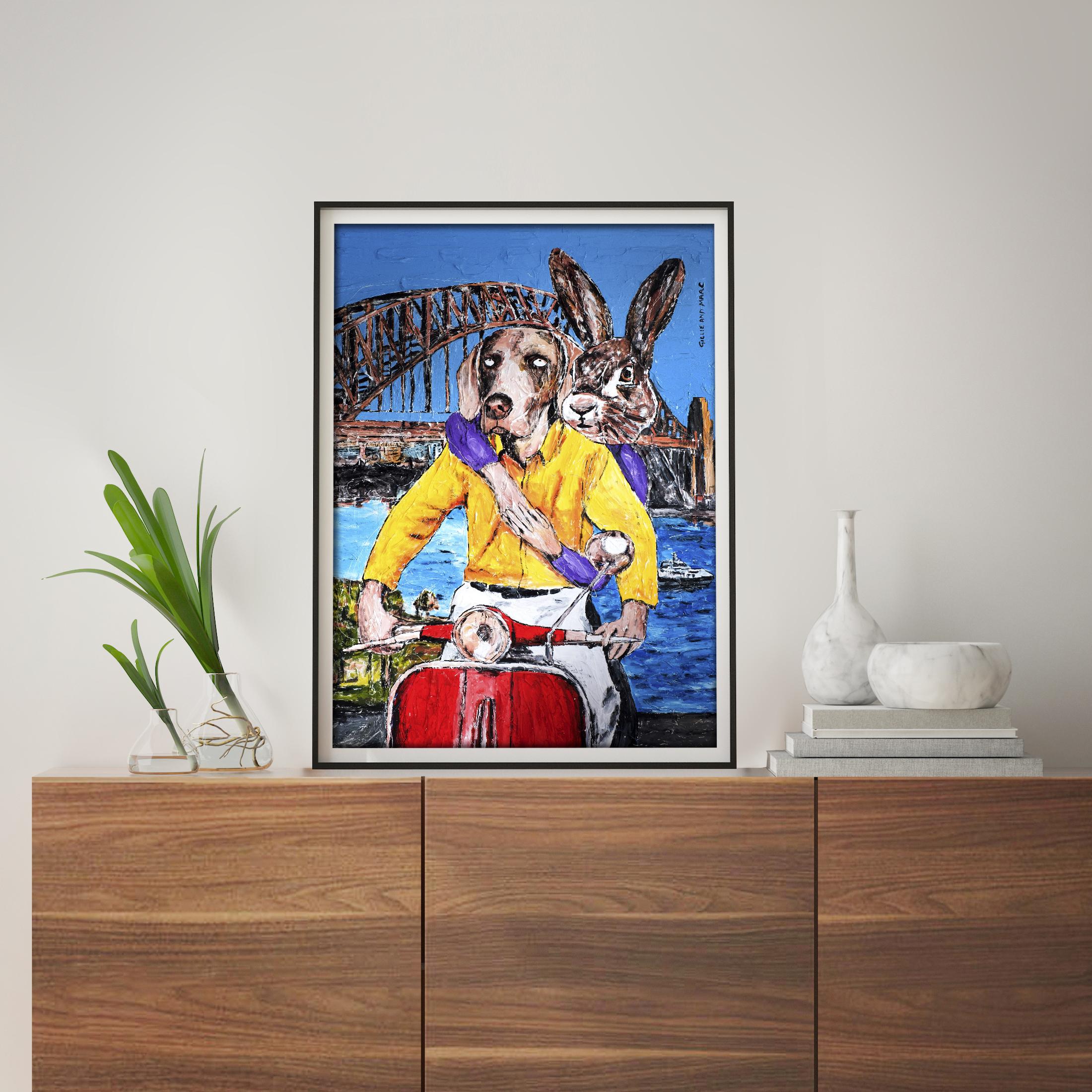 Animal Print - Gillie and Marc - Art - Ltd Ed - Giclee - Excitement in Sydney - Blue Figurative Print by Gillie and Marc Schattner