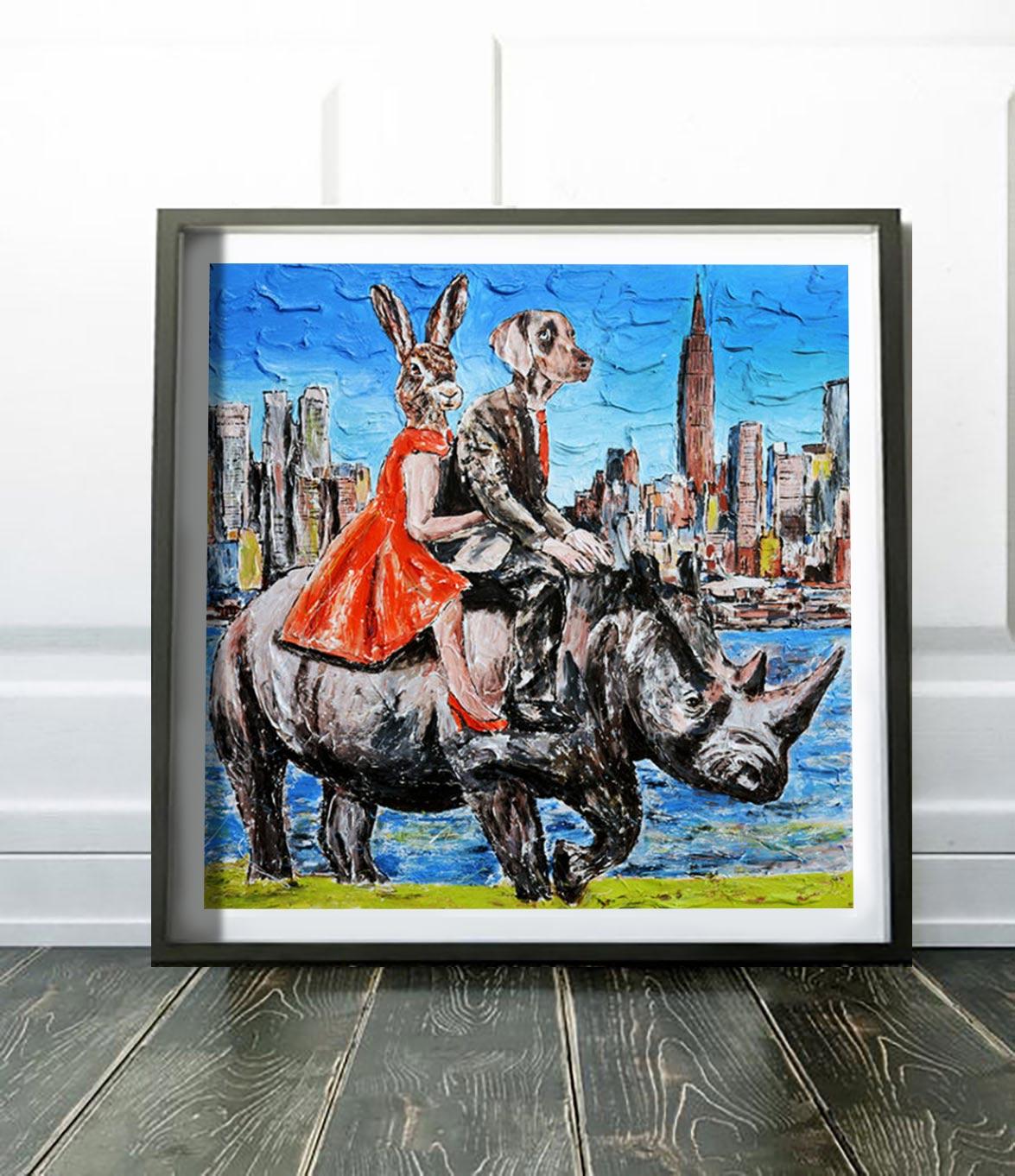 Animal Print - Gillie and Marc - Limited Ed Giclee- Art - Wild and free in NYC - Blue Figurative Print by Gillie and Marc Schattner