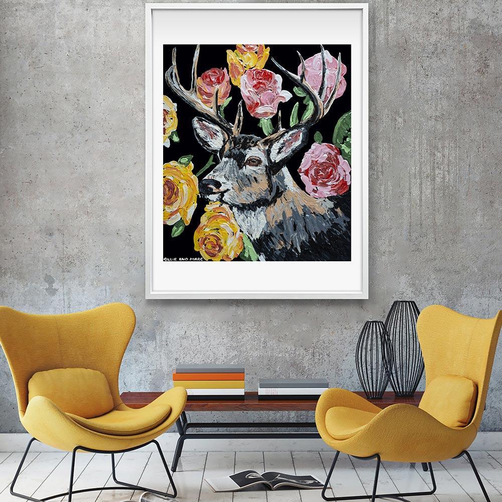 Pop Art - Animal Print - Gillie and Marc - Limited Edition - Deer - Roses - Contemporary Painting by Gillie and Marc Schattner