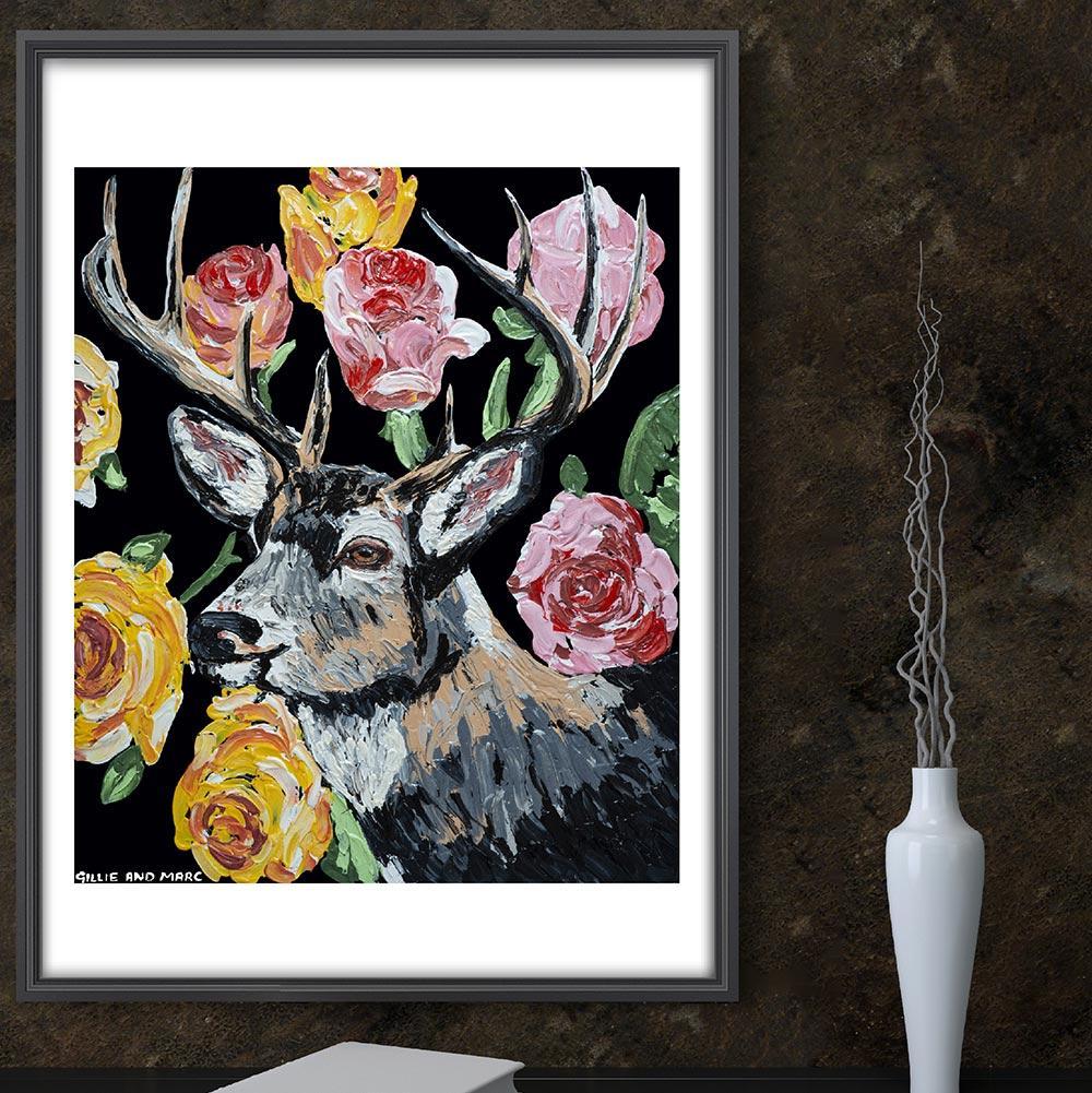 Pop Art - Animal Print - Gillie and Marc - Limited Edition - Deer - Roses - Gray Figurative Painting by Gillie and Marc Schattner