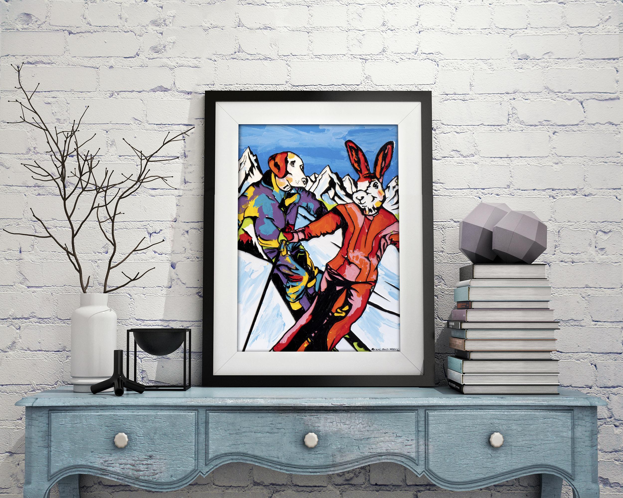 Pop Animal Print - Gillie and Marc - Limited Edition - Skiing - Together - Painting by Gillie and Marc Schattner
