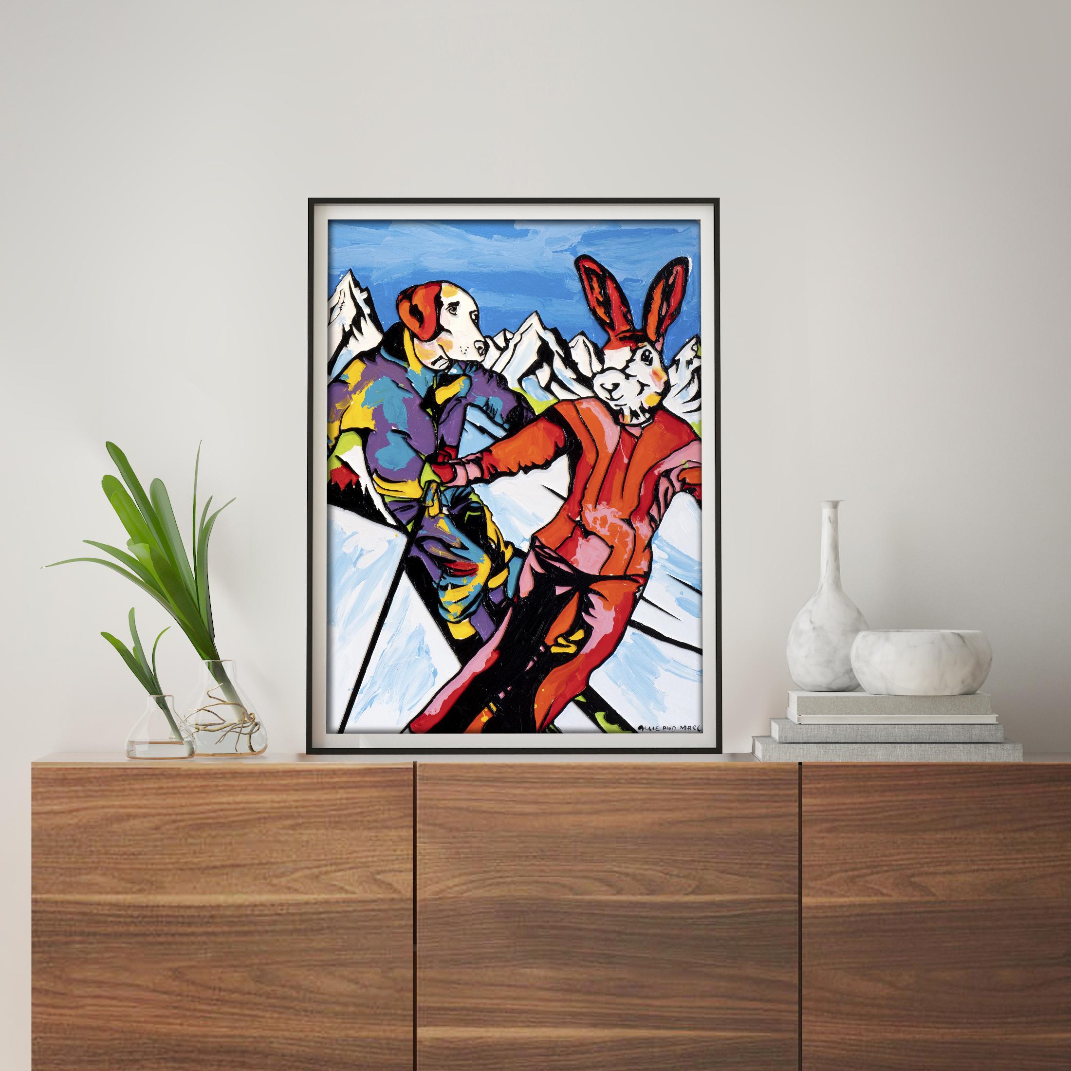 Pop Animal Print - Gillie and Marc - Limited Edition - Skiing - Together - Contemporary Painting by Gillie and Marc Schattner