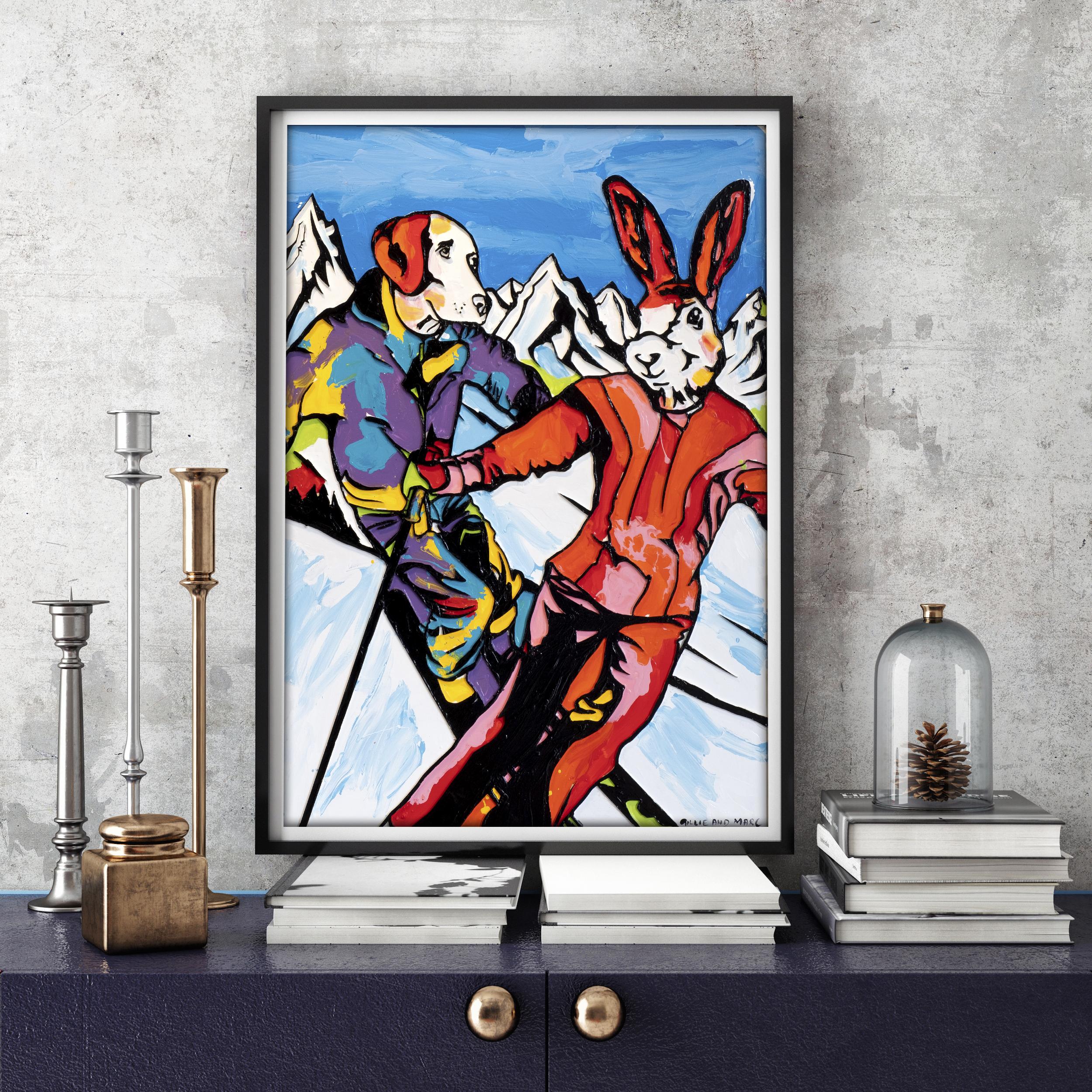 Pop Animal Print - Gillie and Marc - Limited Edition - Skiing - Together - Gray Figurative Painting by Gillie and Marc Schattner