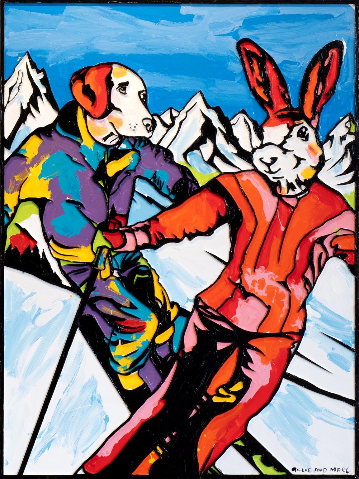 Gillie and Marc Schattner Figurative Painting - Pop Animal Print - Gillie and Marc - Limited Edition - Skiing - Together