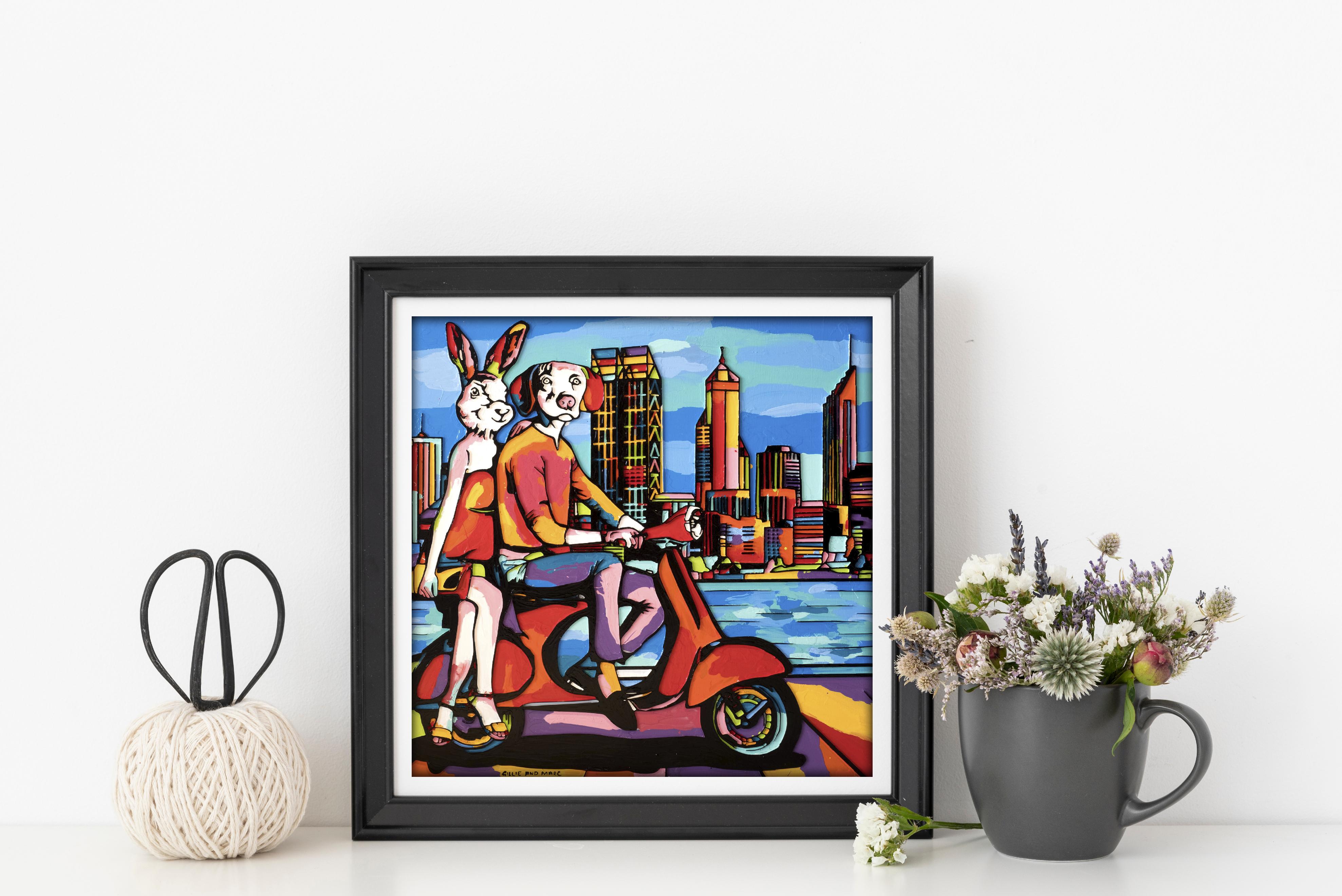 Pop Art - Animal Print - Gillie and Marc - Ltd Ed - Giclee - City - Vespa  - Black Interior Print by Gillie and Marc Schattner