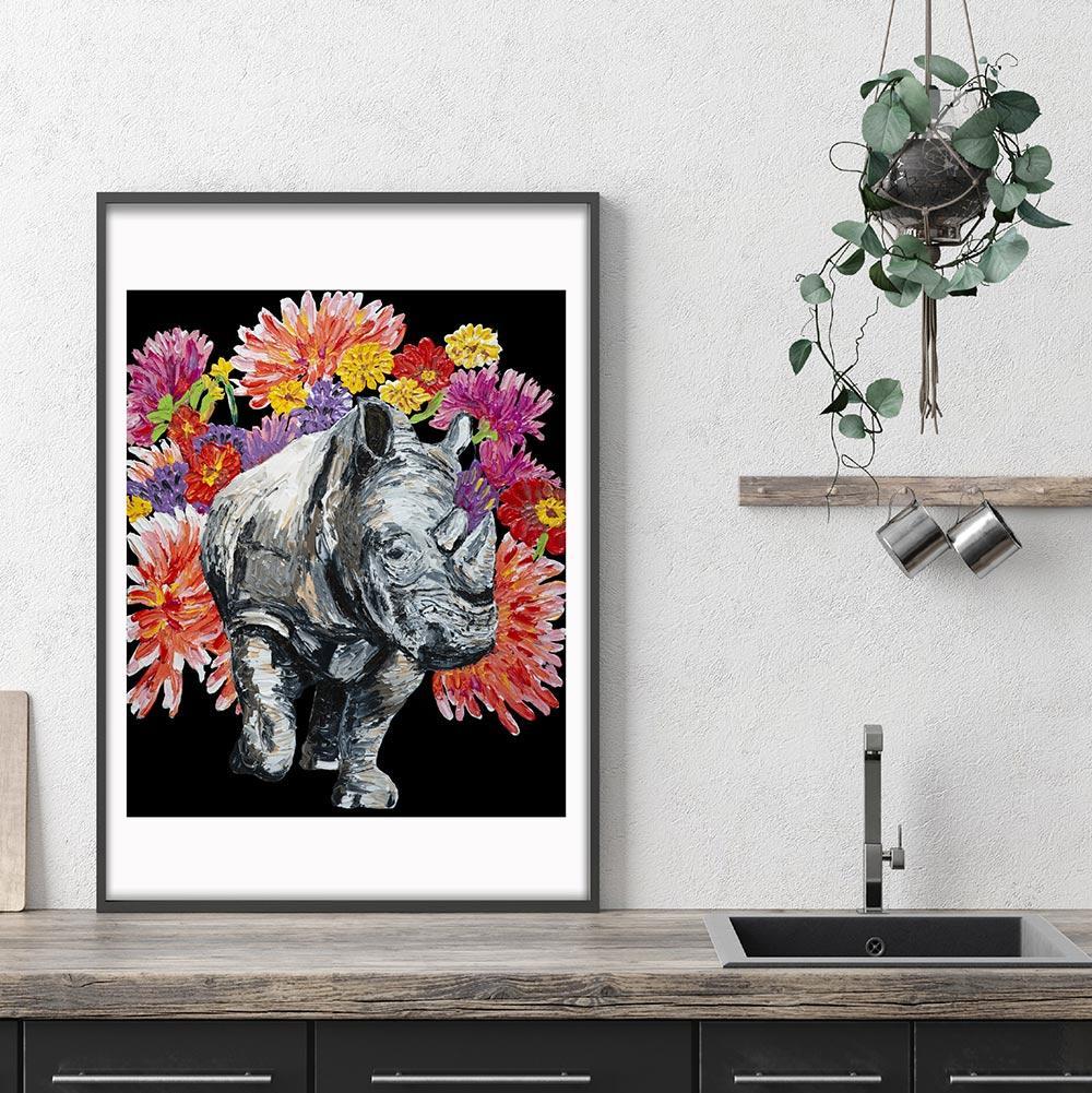 Pop Art Animal Print - Gillie and Marc - Ltd Edition - Love - Flowers Rhino - Painting by Gillie and Marc Schattner