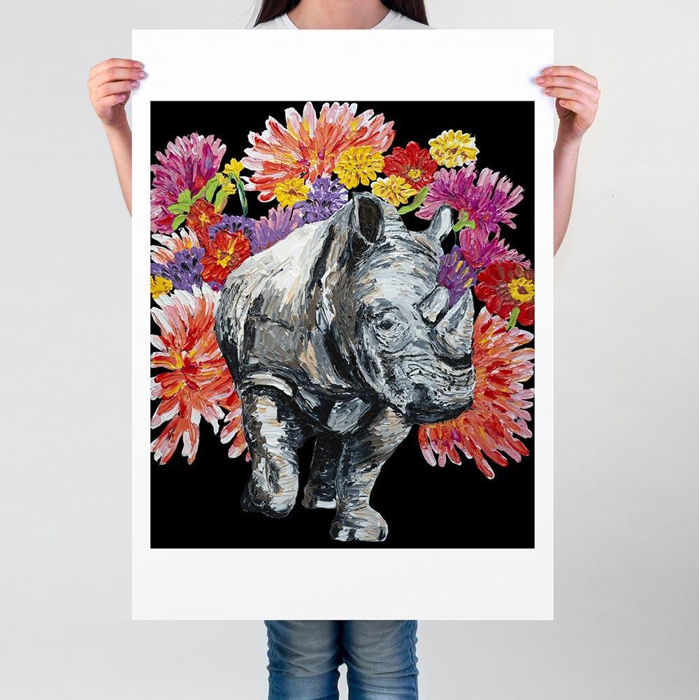 Gillie and Marc Schattner Figurative Painting - Pop Art Animal Print - Gillie and Marc - Ltd Edition - Love - Flowers Rhino