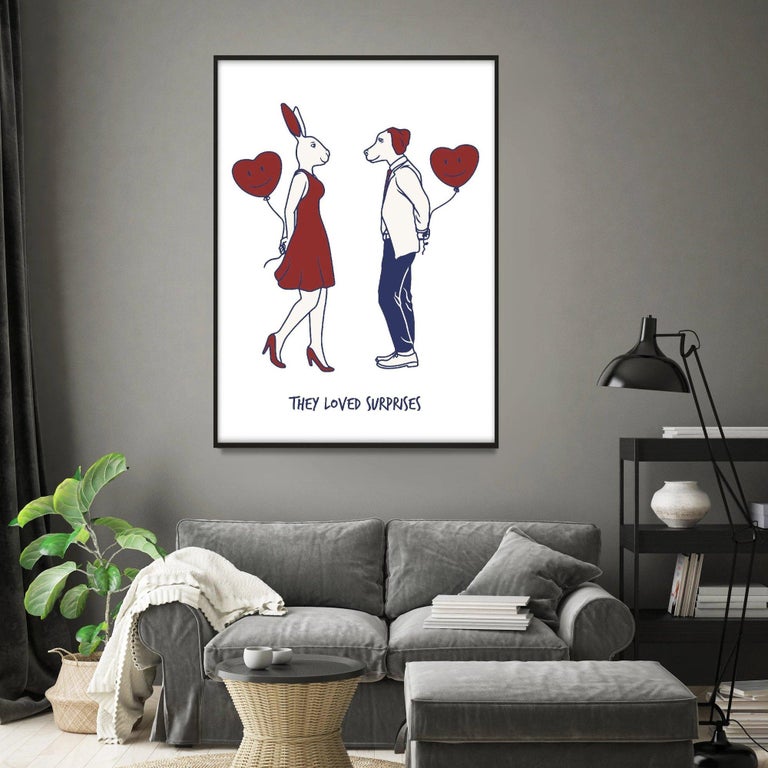 Print - Gillie and Marc - Art - Limited Edition - Love - Surprises - Couple - Gray Animal Painting by Gillie and Marc Schattner