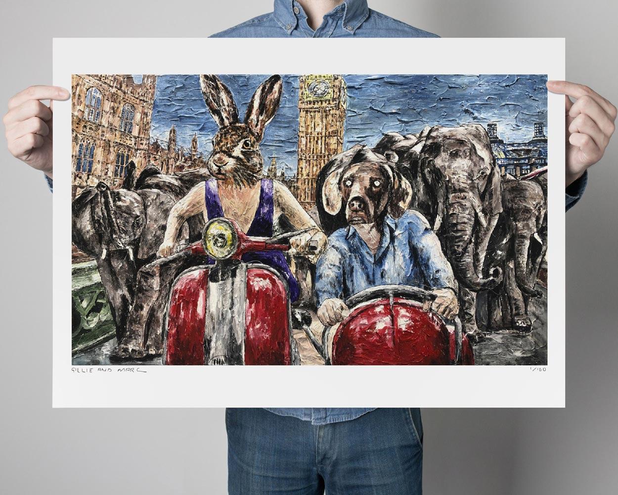 Title: Rabbitwoman and Dogman had heard London was a zoo but the truth was it is a special place for elephants
Limited Edition Print

Gillie and Marc’s prints are signed, limited-editions and are produced on Entrada Rag Bright 300gsm, 100%