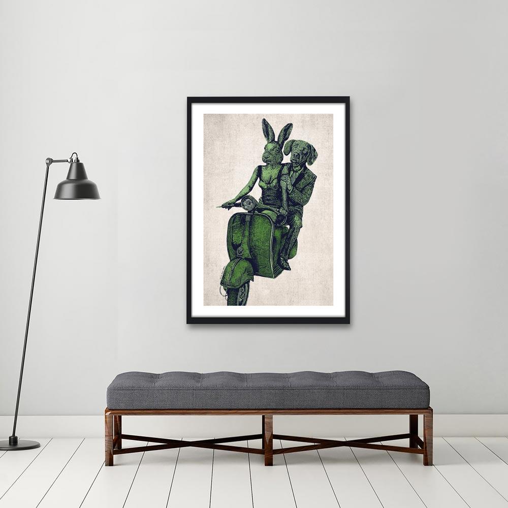 Animal Print - Limited Edition - Gillie and Marc - Vespa Adventure - Green - Gray Figurative Print by Gillie and Marc Schattner