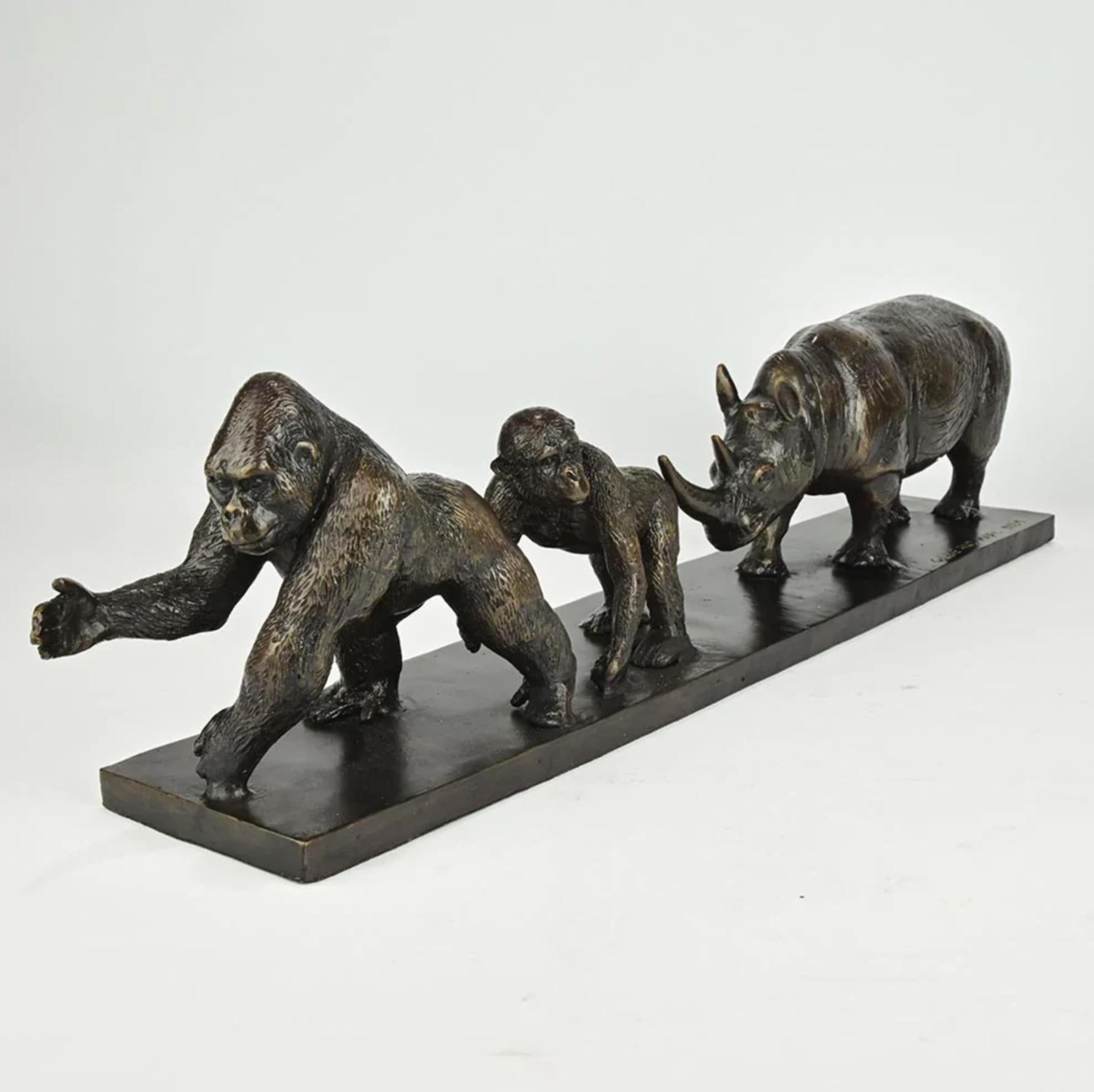 Authentic Bronze Love The Gorilla, Chimp, and Rhino Sculpture by Gillie and Marc For Sale 3