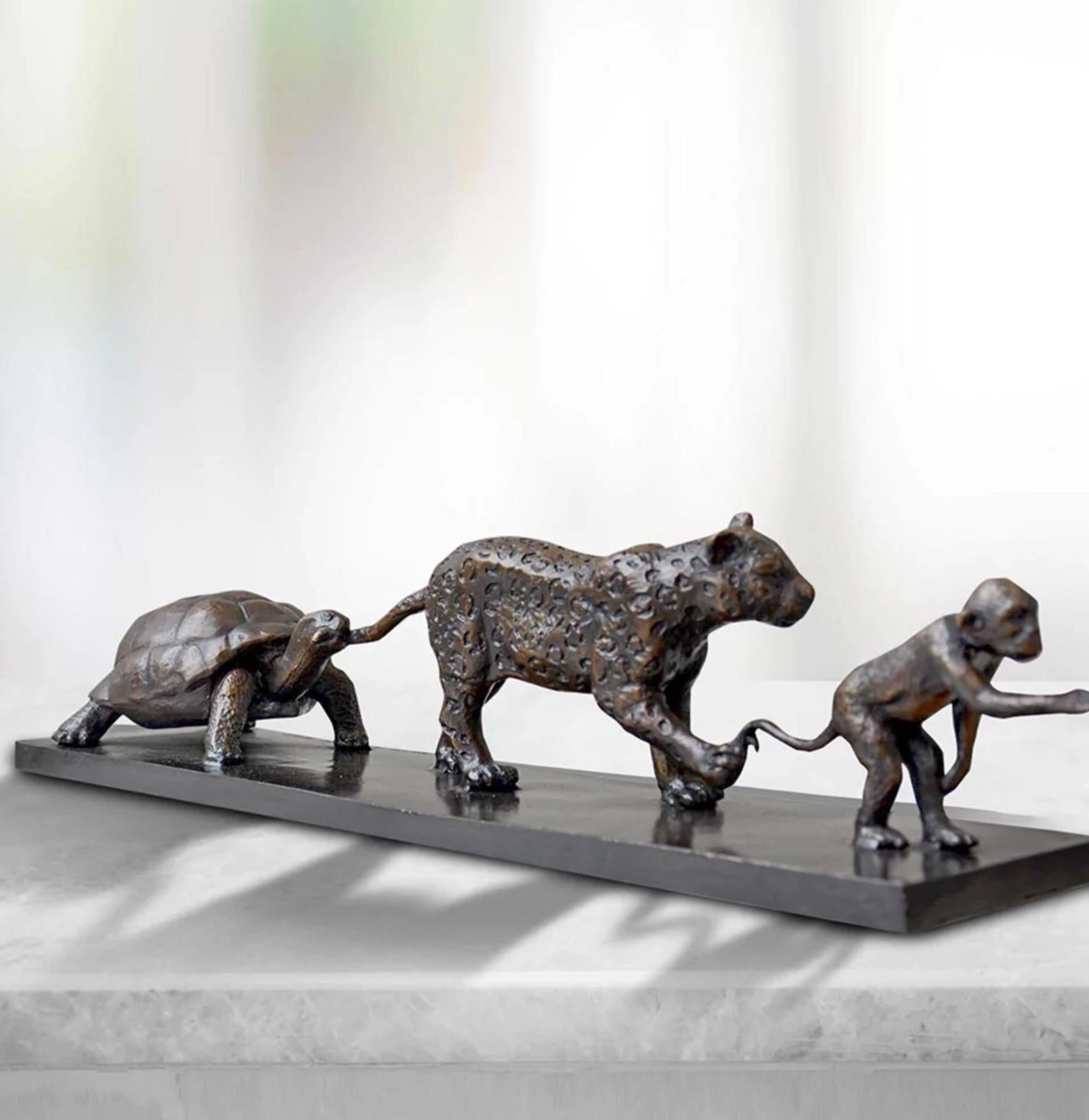 Authentic Bronze Love The Monkey, Jaguar, Tortoise Sculpture by Gillie and Marc For Sale 7