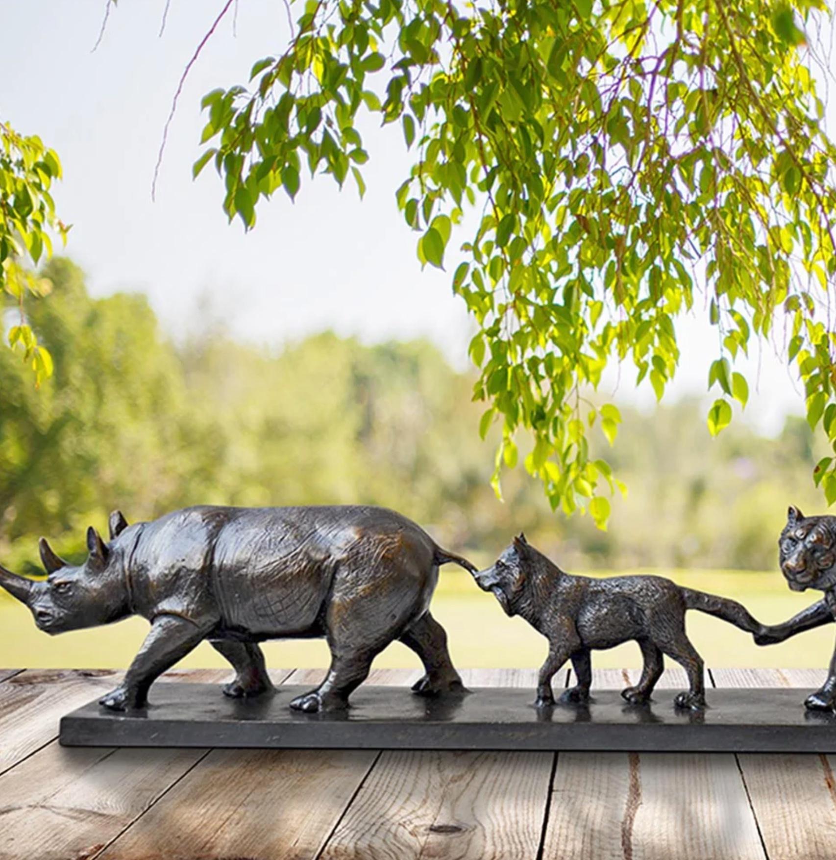 Authentic Bronze Love The Rhino, Fox and Tiger Sculpture by Gillie and Marc For Sale 2