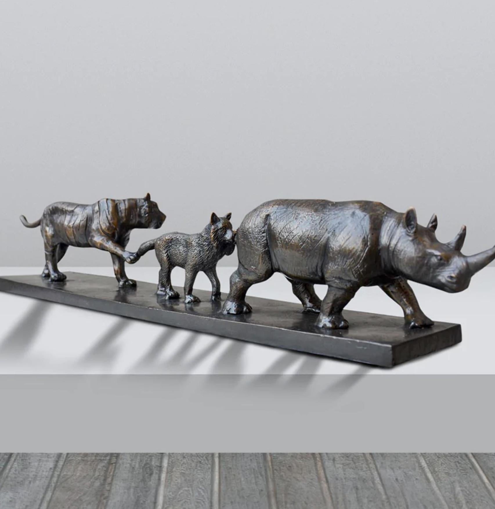 Authentic Bronze Love The Rhino, Fox and Tiger Sculpture by Gillie and Marc For Sale 4