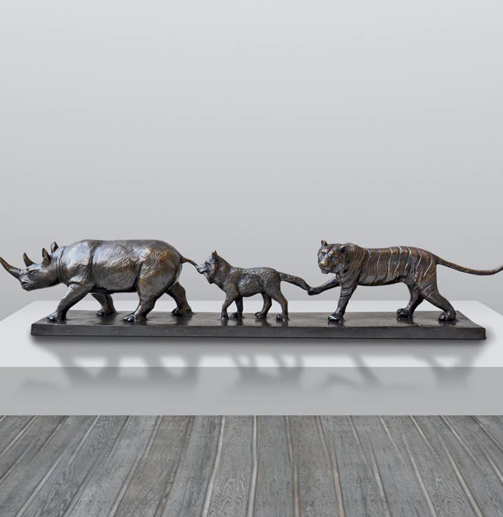 Authentic Bronze Love The Rhino, Fox and Tiger Sculpture by Gillie and Marc For Sale 6