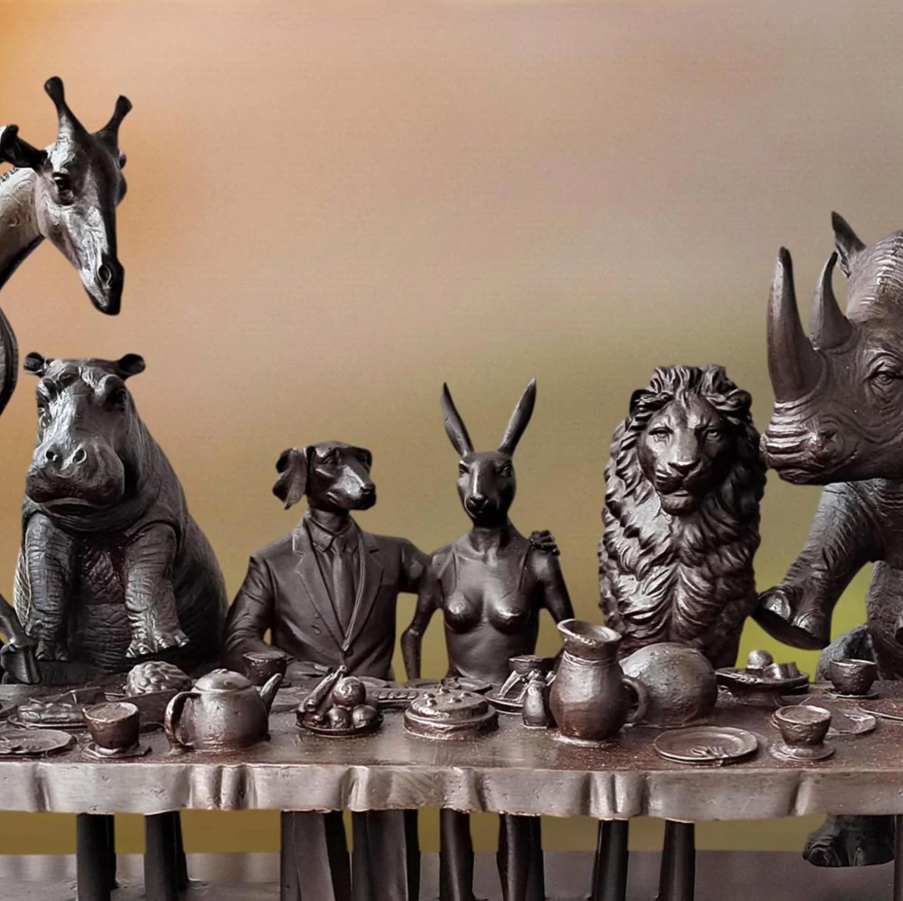 Authentic Bronze Wild Tea Party with Bronze Patina Sculpture by Gillie and Marc For Sale 1