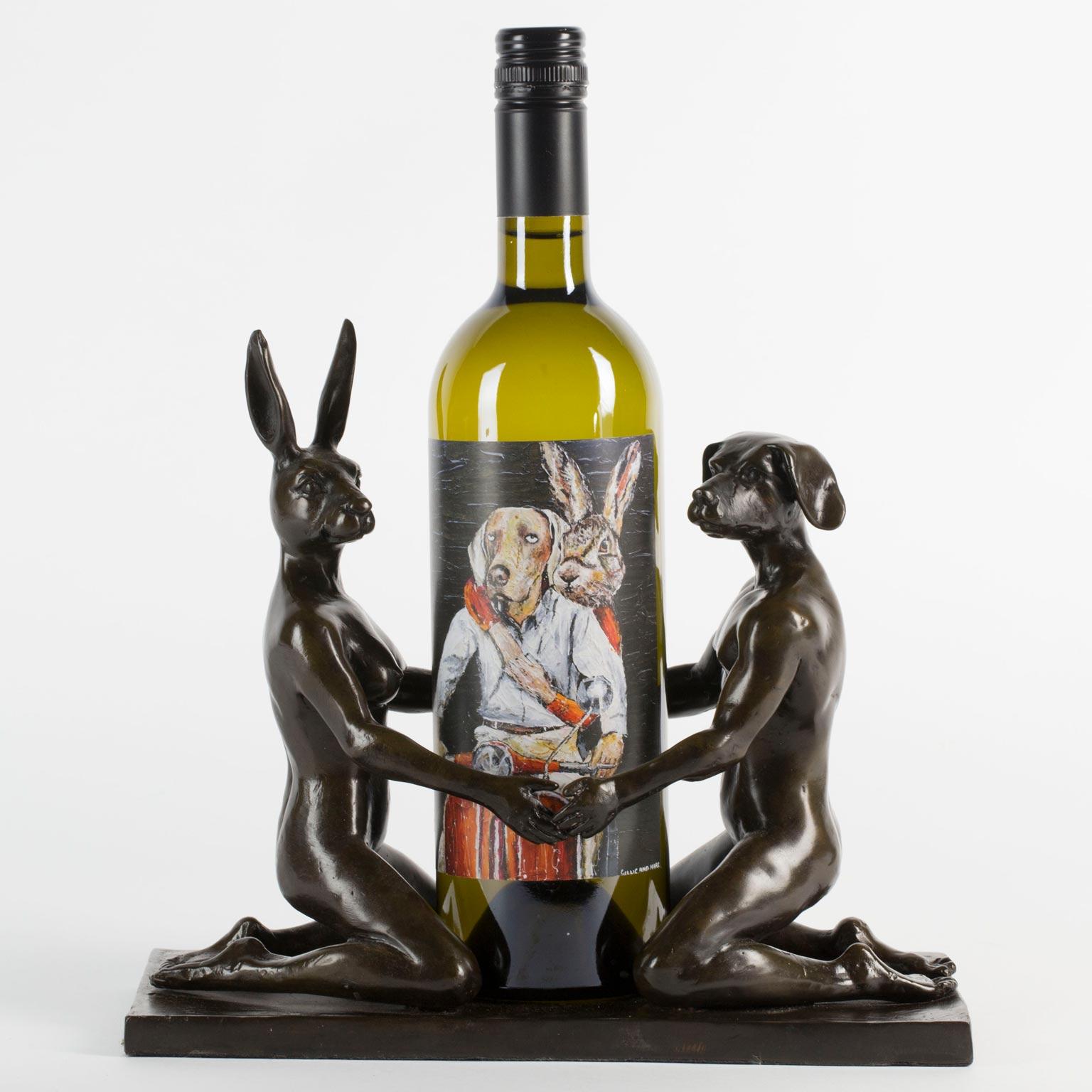 Authentic Limited Edition Bronze Animal Wine Holder Sculpture, Gillie and Marc - Art by Gillie and Marc Schattner