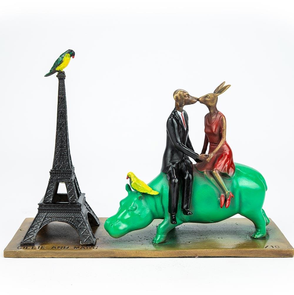 Title: They fell wildly in love in Paris
Authentic bronze sculpture with coloured patina

Description:
This authentic bronze sculpture titled 'They fell wildly in love in Paris' by artists Gillie and Marc has been meticulously crafted in bronze. It