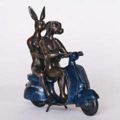 Small Rabbit and Dog Bronze Animal Sculpture, Limited Edition, Italian Vespa.