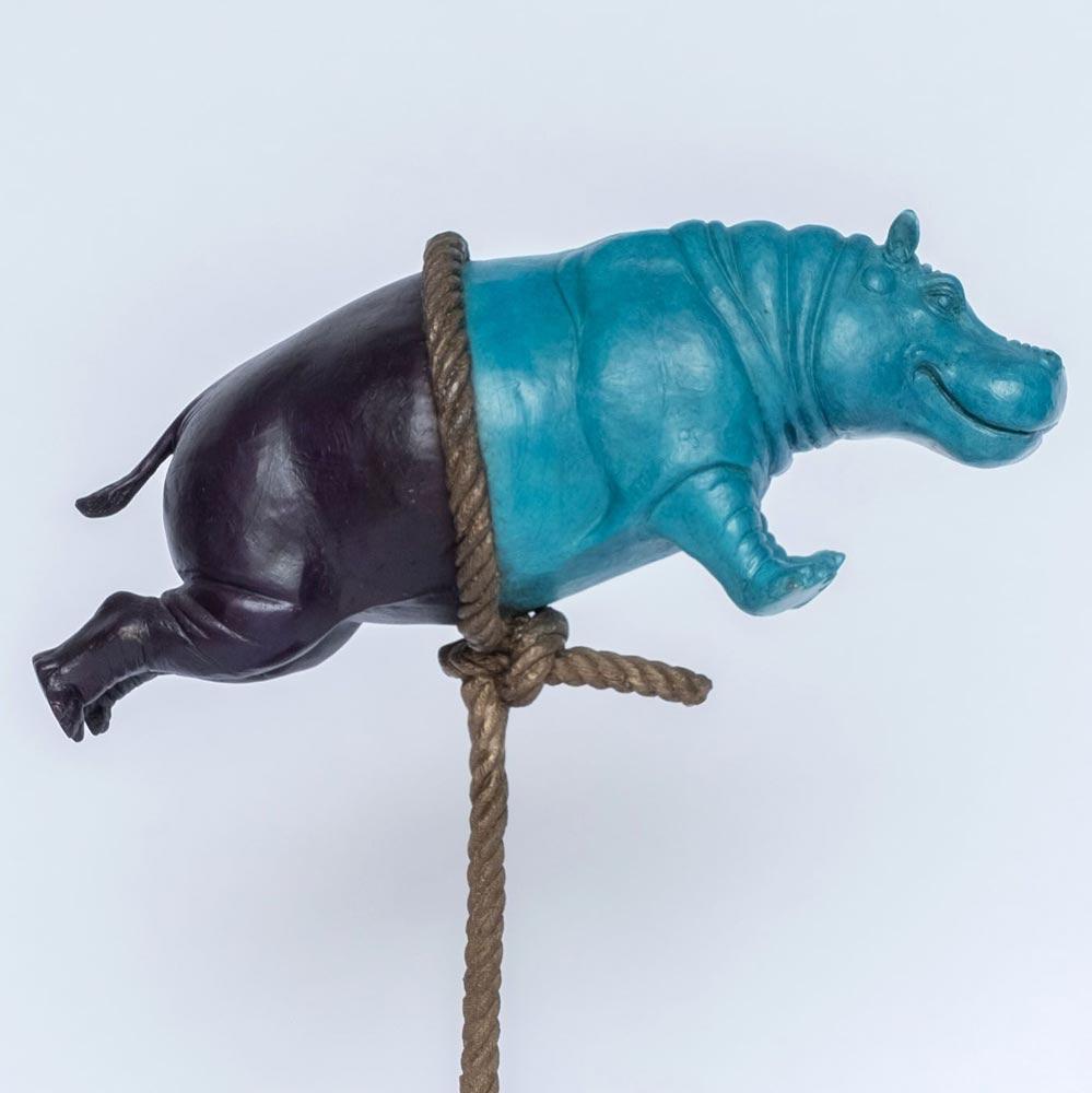 Bronze Sculpture - Art - Gillie and Marc - Hippo on rope - Nature - Animals - Gold Figurative Sculpture by Gillie and Marc Schattner